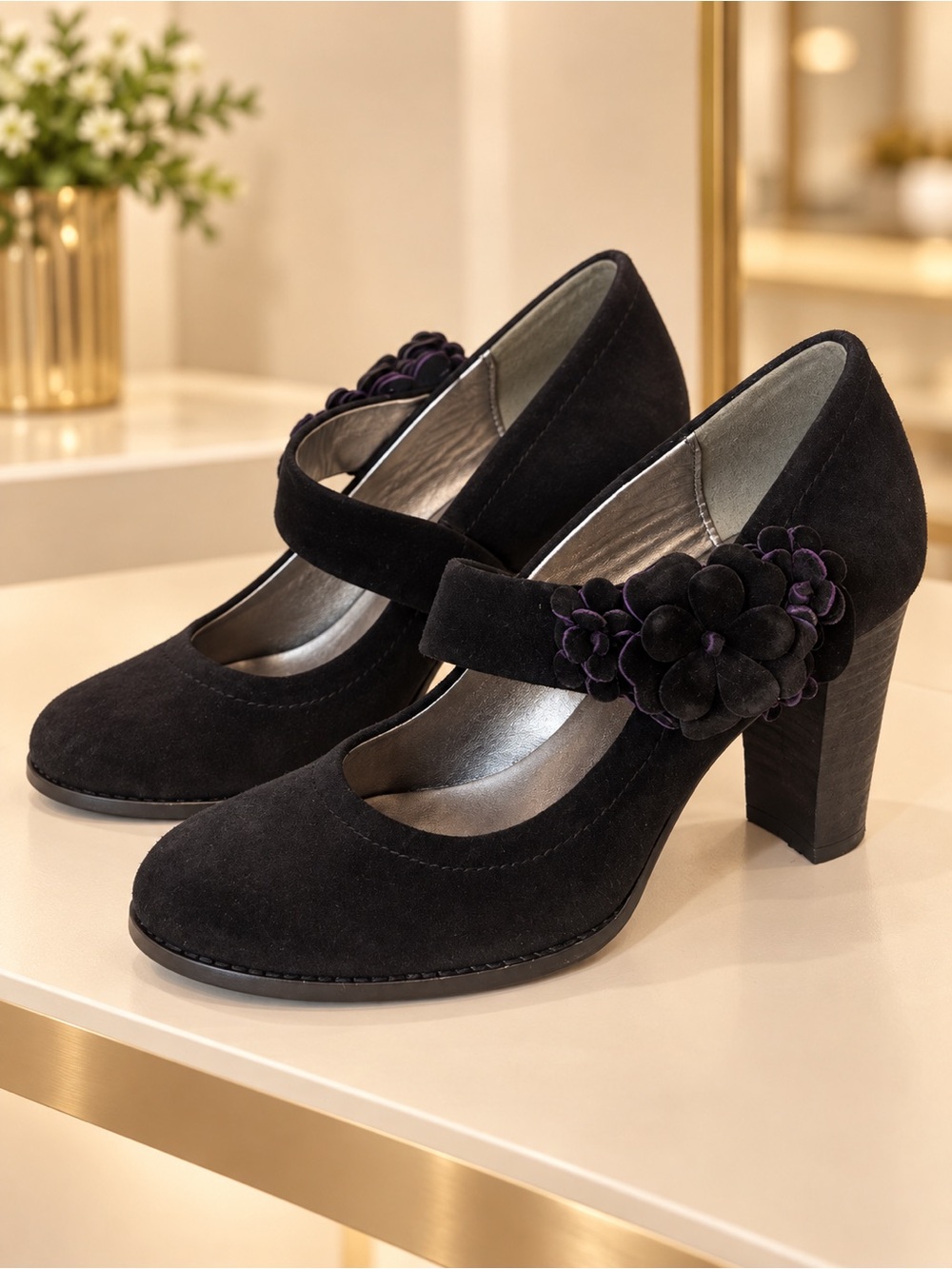 CaféNoir Black Suede Floral Mary Jane Pumps EU 40